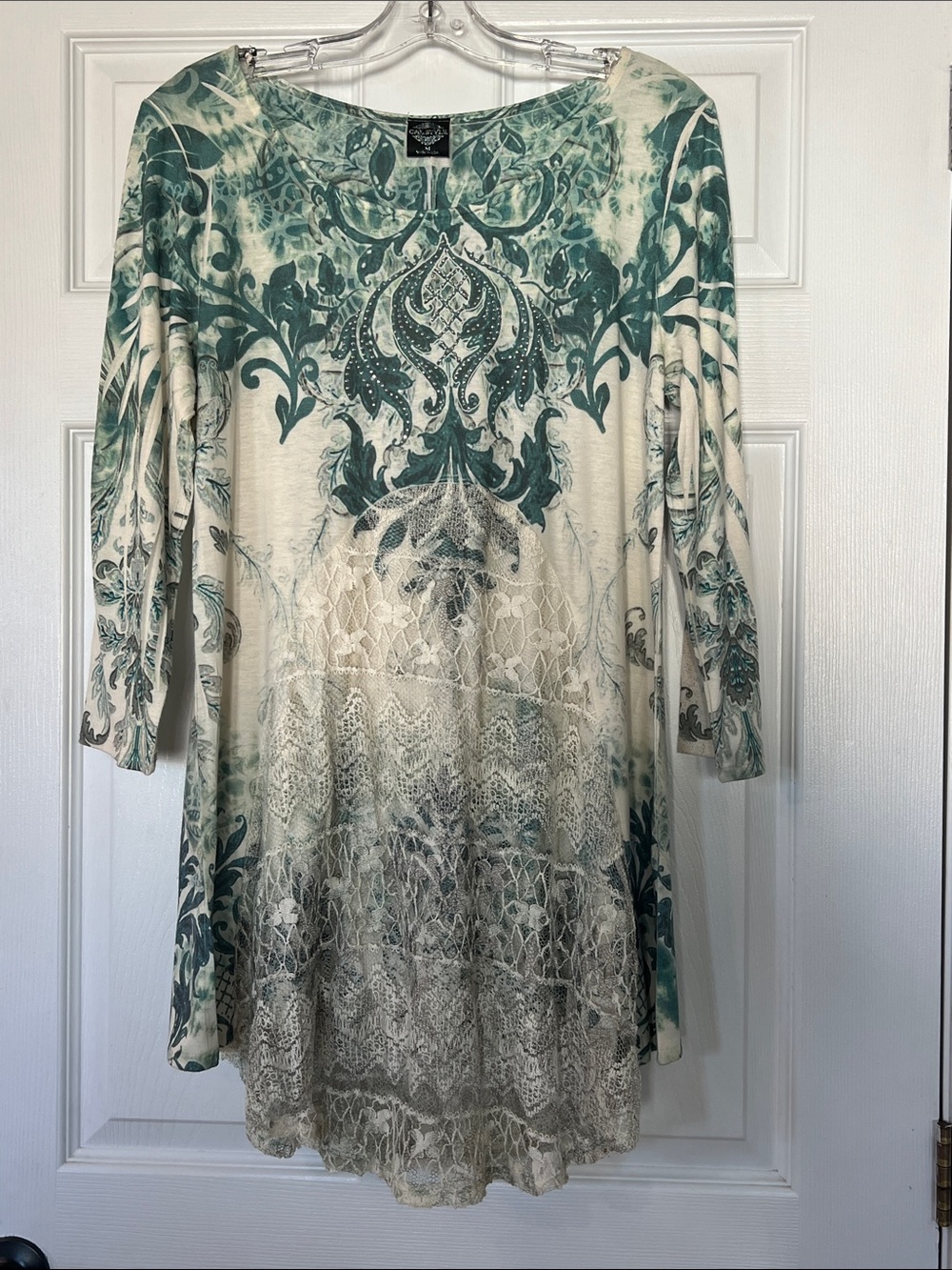 Long Sleeve Lace-Hem Tunic Dress in Teal and Cream